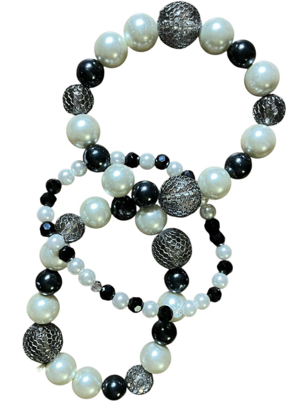 Black White Faux Pearl Gunmetal Mesh Bead Stretch Bracelet Stack Set 3 Pc